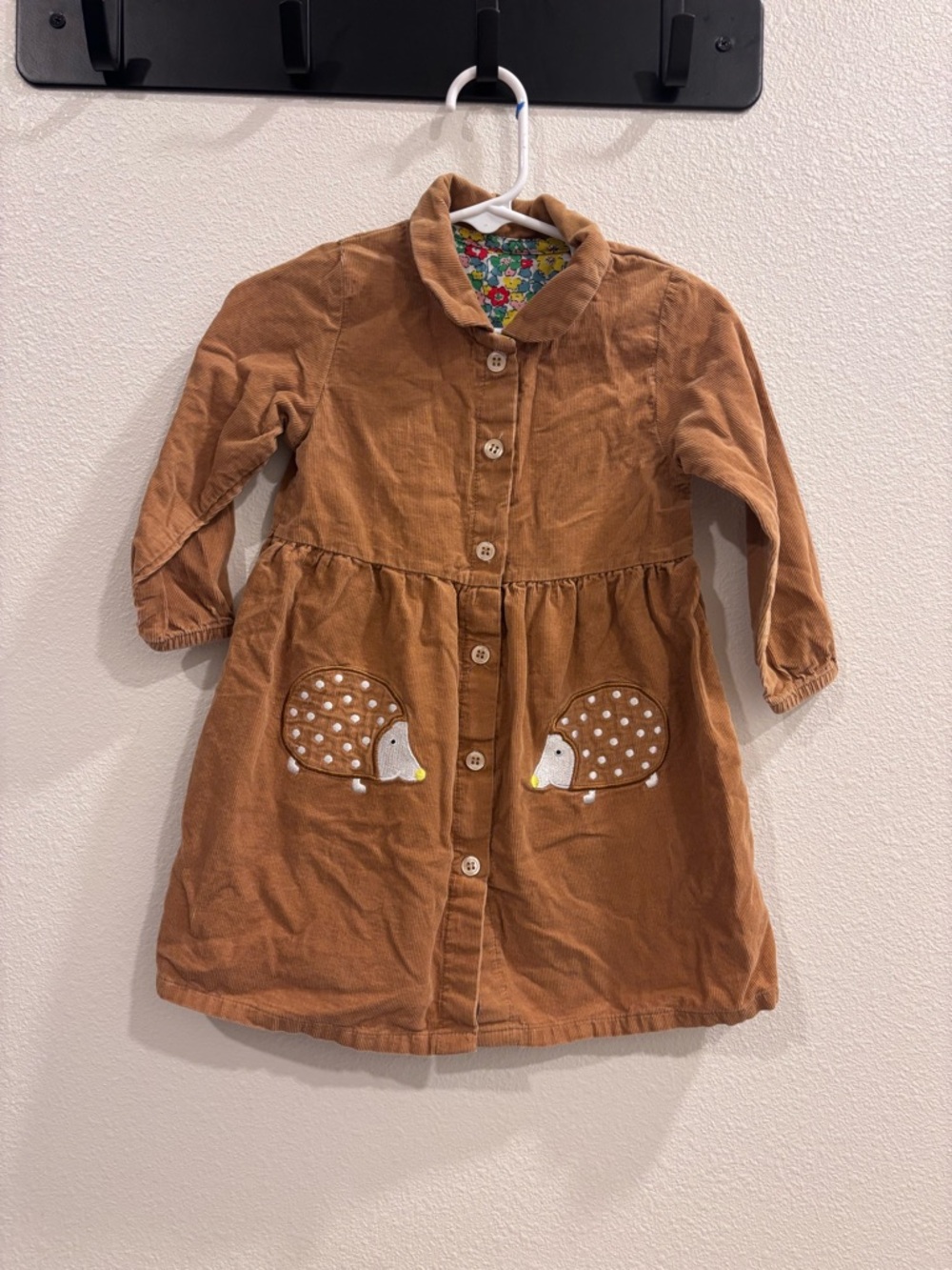 Source Unknown Brown Corduroy Kids Dress with Hedgehog Pockets